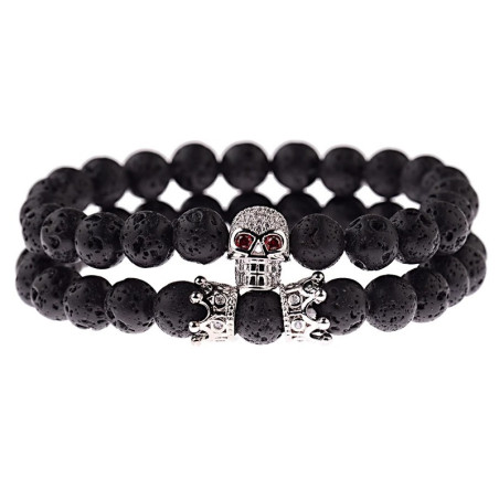 Vue generale Bracelet Perles Tête de Mort - Crâne aux Yeux Rouges Couleur Argent