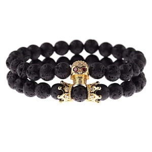 Vue generale Bracelet Perles Tête de Mort - Crâne aux Yeux Rouges Couleur Or