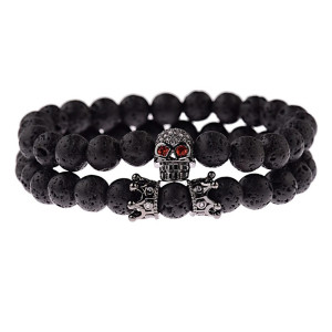 Vue generale Bracelet Perles Tête de Mort - Crâne aux Yeux Rouges Couleur Noir