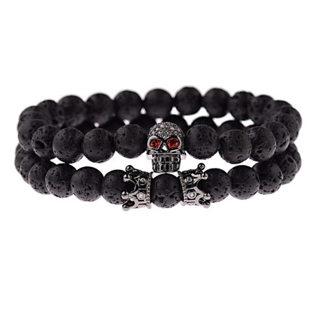 Vue generale Bracelet Perles Tête de Mort - Crâne aux Yeux Rouges Couleur Noir