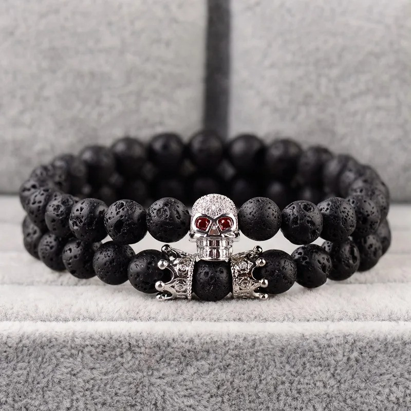 Bracelet Perles Tête de Mort - Crâne aux Yeux Rouges Couleur Argent