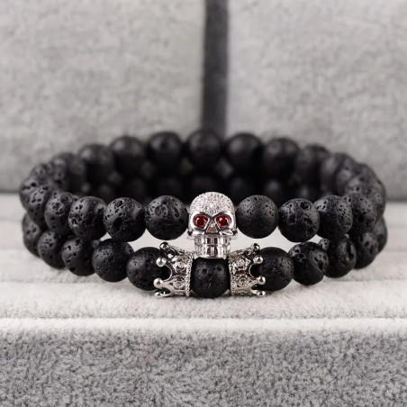 Bracelet Perles Tête de Mort - Crâne aux Yeux Rouges Couleur Argent