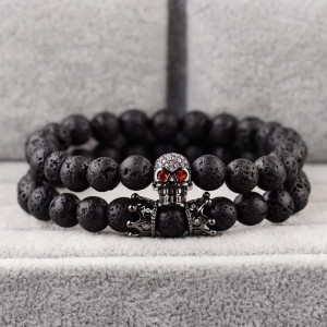 Bracelet Perles Tête de Mort - Crâne aux Yeux Rouges Couleur Noir