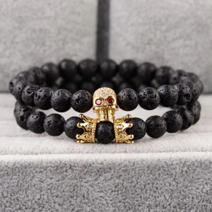 Bracelet Perles Tête de Mort - Crâne aux Yeux Rouges Couleur Or