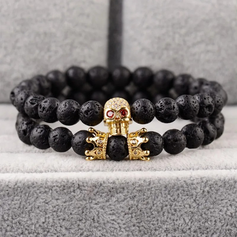 Bracelet Perles Tête de Mort - Crâne aux Yeux Rouges Couleur Or