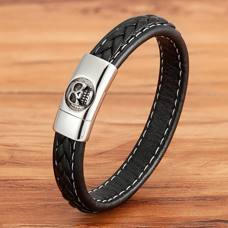 Bracelet Cuir Skull "Emblème des Revenants" Couleur Argent