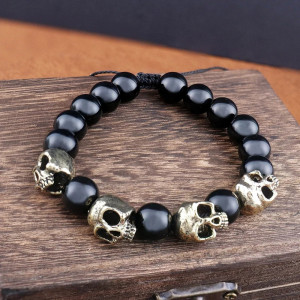 Bracelet Perles Tête de Mort Crânes Dorés