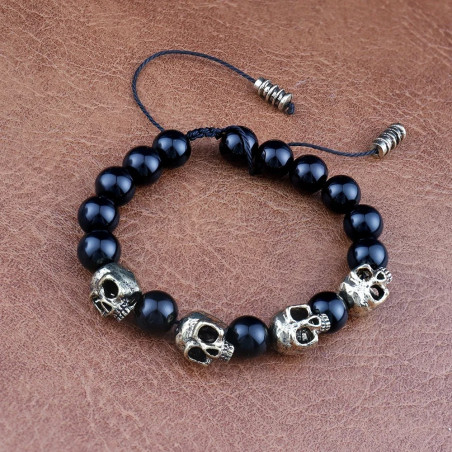 Magnifique Bracelet Perles Tête de Mort Crânes Dorés