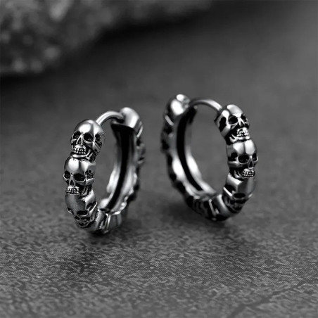 Boucles d’Oreilles Tête de Mort Rock Anneaux Crânes Empilés - Couleur Argent