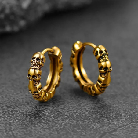 Boucles d’Oreilles Tête de Mort Rock Anneaux Crânes Empilés Couleur Or