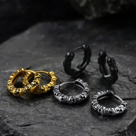 Boucles d’Oreilles Tête de Mort Rock Anneaux Crânes Empilés - 3 couleurs au choix !