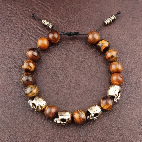 Bracelet Perles Tête de Mort Crânes Dorés Œil de Tigre