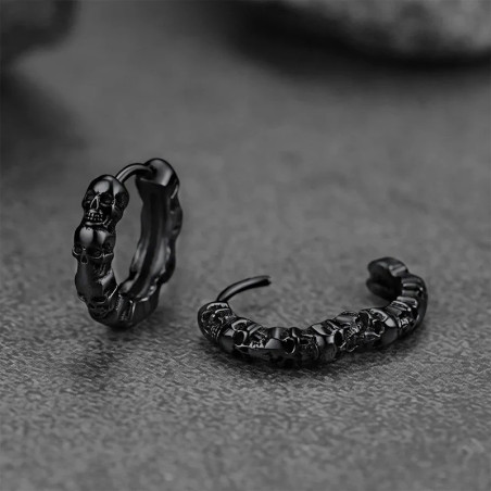 Boucles d’Oreilles Tête de Mort Rock Anneaux Crânes Empilés - Couleur Noir