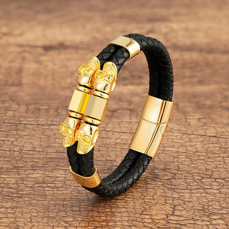 Bracelet Tête de Mort "Double Crânes Gardiens" Couleur Or