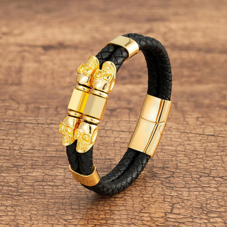 Bracelet Tête de Mort "Double Crânes Gardiens" Couleur Or