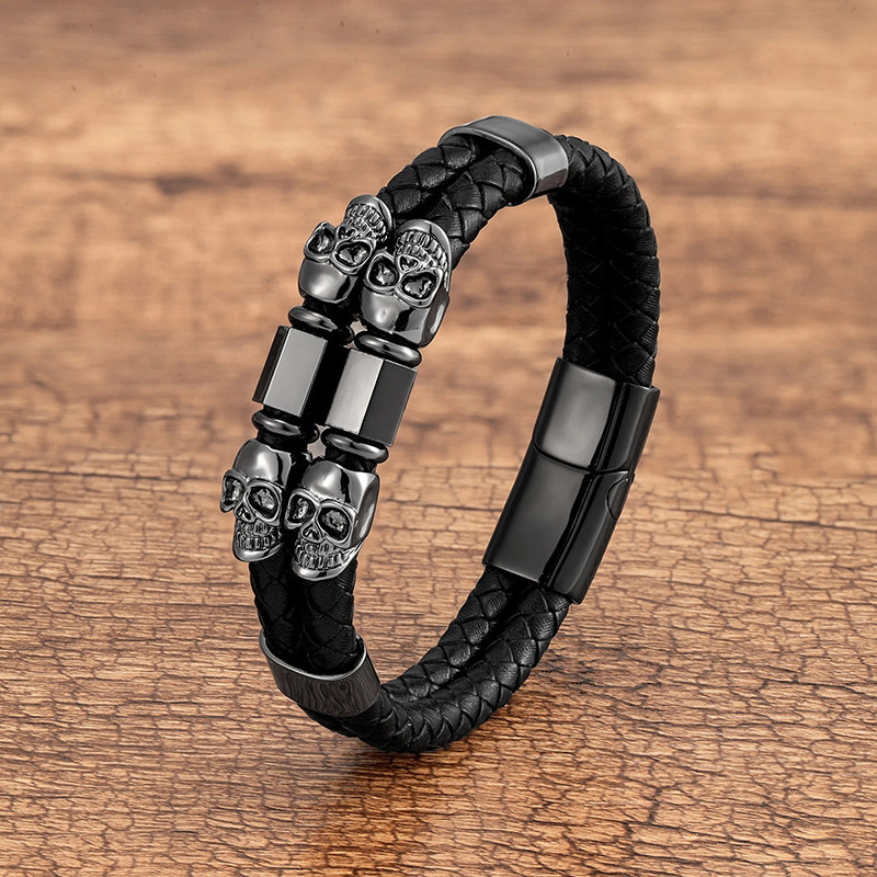 Bracelet Tête de Mort "Double Crânes Gardiens" Couleur Noir