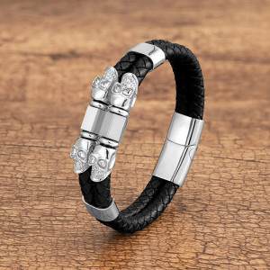 Bracelet Tête de Mort "Double Crânes Gardiens" Couleur Argent