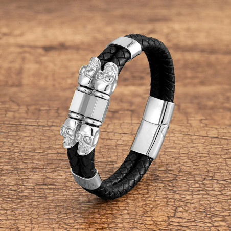 Bracelet Tête de Mort "Double Crânes Gardiens" Couleur Argent