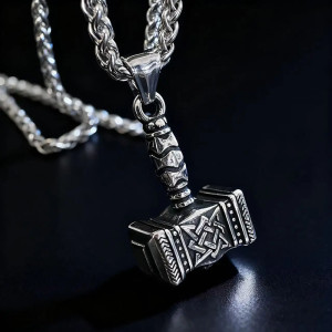 Vue de face Collier Viking Mjölnir "Marteau de Thor avec Valknut"
