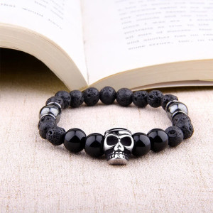Bracelet Tête de Mort Pierre Volcanique et Onyx - Crâne Argenté