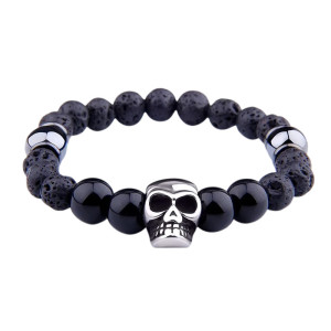 Vue generale Bracelet Tête de Mort Pierre Volcanique et Onyx - Crâne Argenté