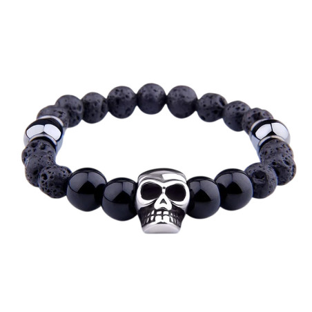 Vue generale Bracelet Tête de Mort Pierre Volcanique et Onyx - Crâne Argenté