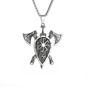 Collier Viking Bouclier Nordique "Haches du Guerrier" Couleur Argent