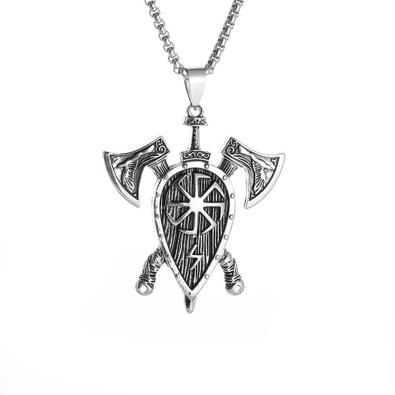 Collier Viking Bouclier Nordique "Haches du Guerrier" Couleur Argent