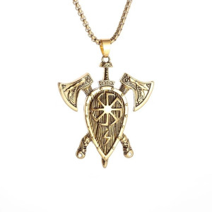 Collier Viking Bouclier Nordique "Haches du Guerrier" Couleur Or