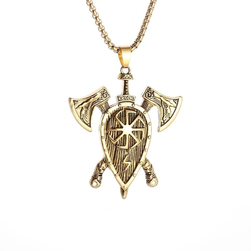 Collier Viking Bouclier Nordique "Haches du Guerrier" Couleur Or