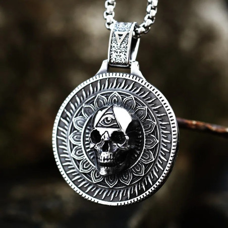 Collier Tête de Mort - Médaillon Mandala de l'Œil Éveillé