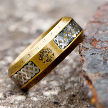 Vue laterale Bague Viking Runique "Yggdrasil Sacré" Couleur Or