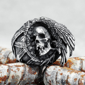 Bague Tête de Mort Occulte "Sorcier des Ailes Funèbres"