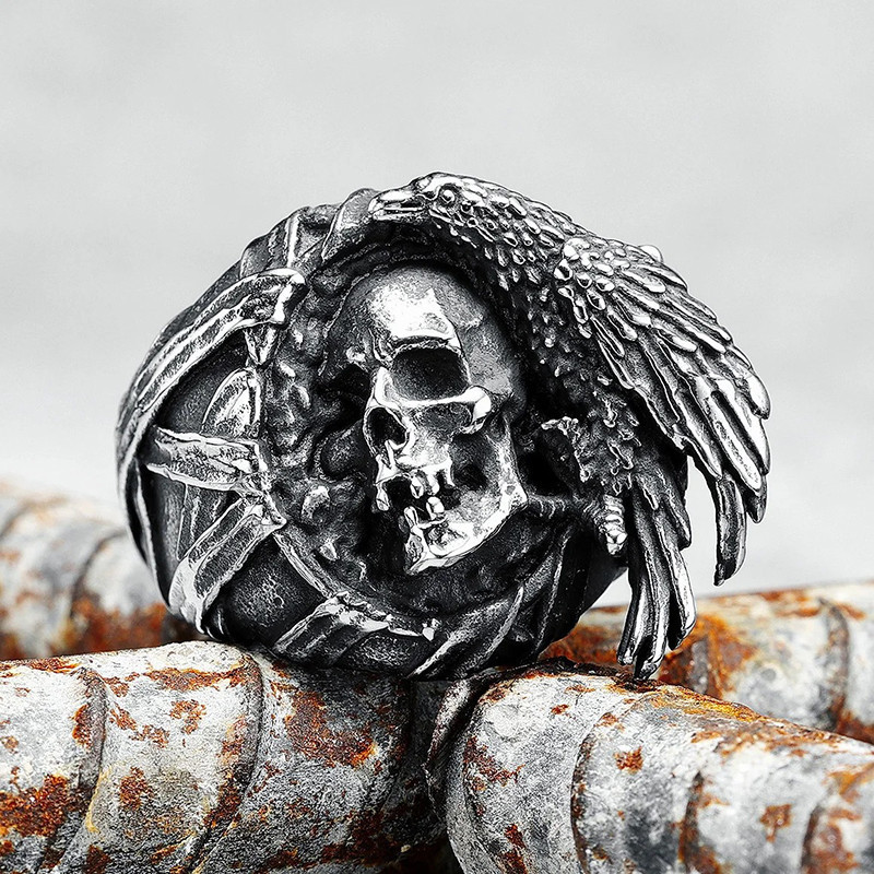 Bague Tête de Mort Occulte "Sorcier des Ailes Funèbres"