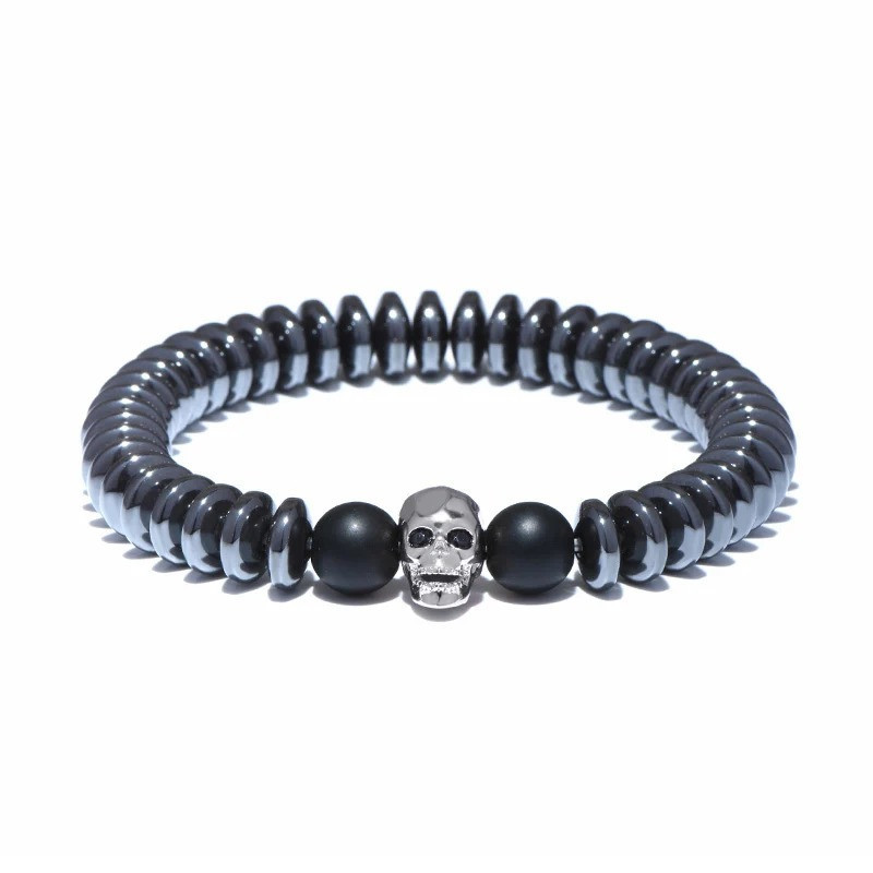 Bracelet Tête de Mort "Perles Onyx & Crâne Minimaliste Élégant" Couleur Argent