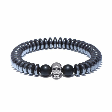 Bracelet Tête de Mort "Perles Onyx & Crâne Minimaliste Élégant" Couleur Argent