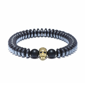 Bracelet Tête de Mort "Perles Onyx & Crâne Minimaliste Élégant" Couleur or