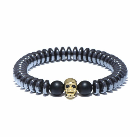 Bracelet Tête de Mort "Perles Onyx & Crâne Minimaliste Élégant" Couleur or
