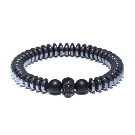Bracelet Tête de Mort "Perles Onyx & Crâne Minimaliste Élégant" Couleur Noir