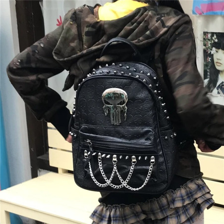 Vue Laterale Sac à Dos Tête de Mort Gothique "Crâne Chaînes Rebelles"