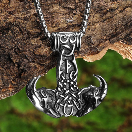 Avant Collier Viking Marteau de Thor Têtes de Béliers Runique