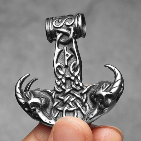 Collier Viking Marteau de Thor Têtes de Béliers Runique