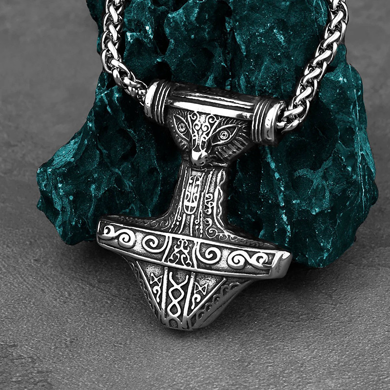 Avant Collier Viking Marteau de Thor Tête de Renard Runique