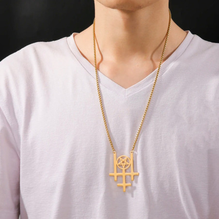 Vue portee Pendentif Croix de Léviathan - Pentagramme Inversé