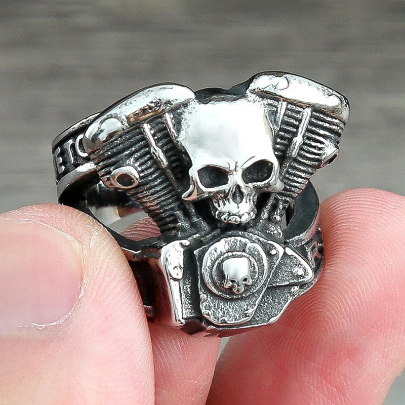 Bague Tête de Mort Motard - Moteur V-Twin Rider Éternel