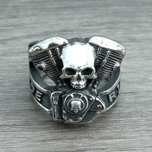 Avant Bague Tête de Mort Motard - Moteur V-Twin Rider Éternel