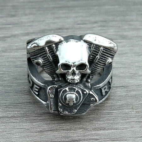 Avant Bague Tête de Mort Motard - Moteur V-Twin Rider Éternel