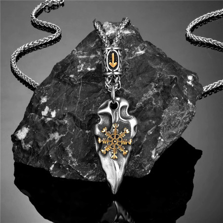 Collier Viking Crâne de Corbeau Vegvisir Doré Modele 2 Couleur or
