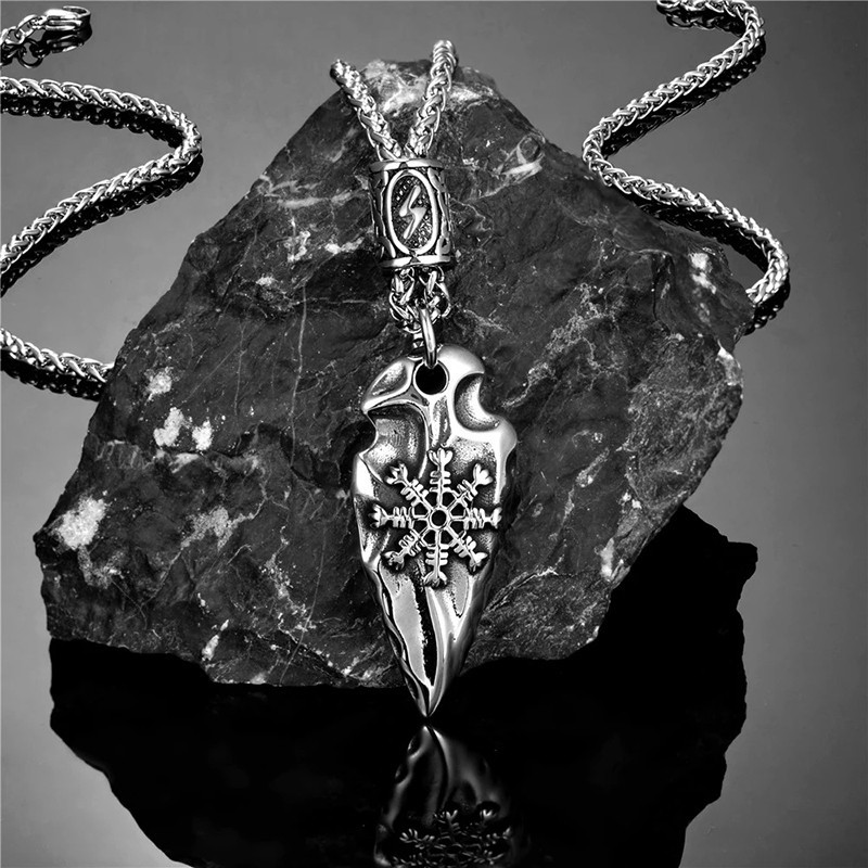 Collier Viking Crâne de Corbeau Vegvisir Doré Modele 2 Couleur Argent