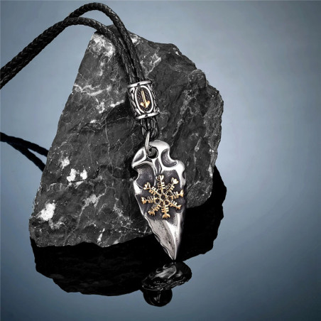 Collier Viking Crâne de Corbeau Vegvisir Doré Modele 1 Couleur Or